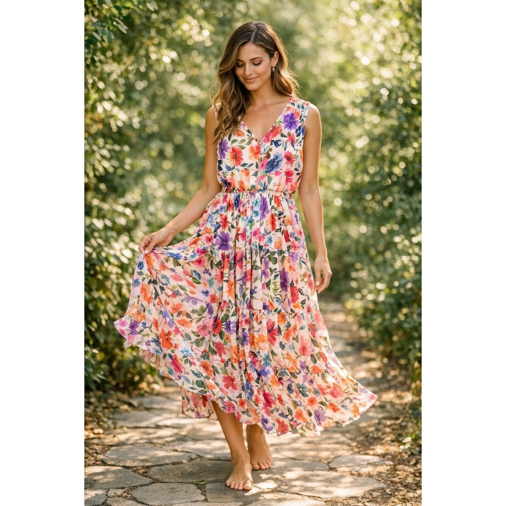 Tolani Carol Blossom Tiered Sleeveless Floral Maxi‎ Dress Women's Size M